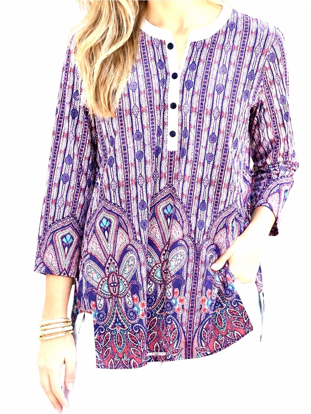 J. McLaughlin Catalina Blue and Red Tunic Top, Size Medium